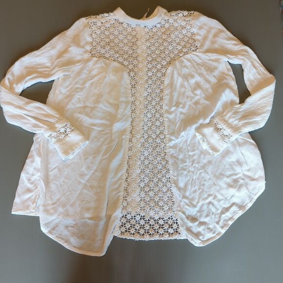 Free People The Best Button Front Blouse Womens XS White Gauze Crochet Boho - Picture 3 of 8